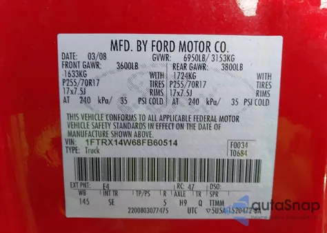 2008 Ford F-150 Stx/Xl/Xlt из США, поврежденный, VIN 1FTRX14W68FB60514